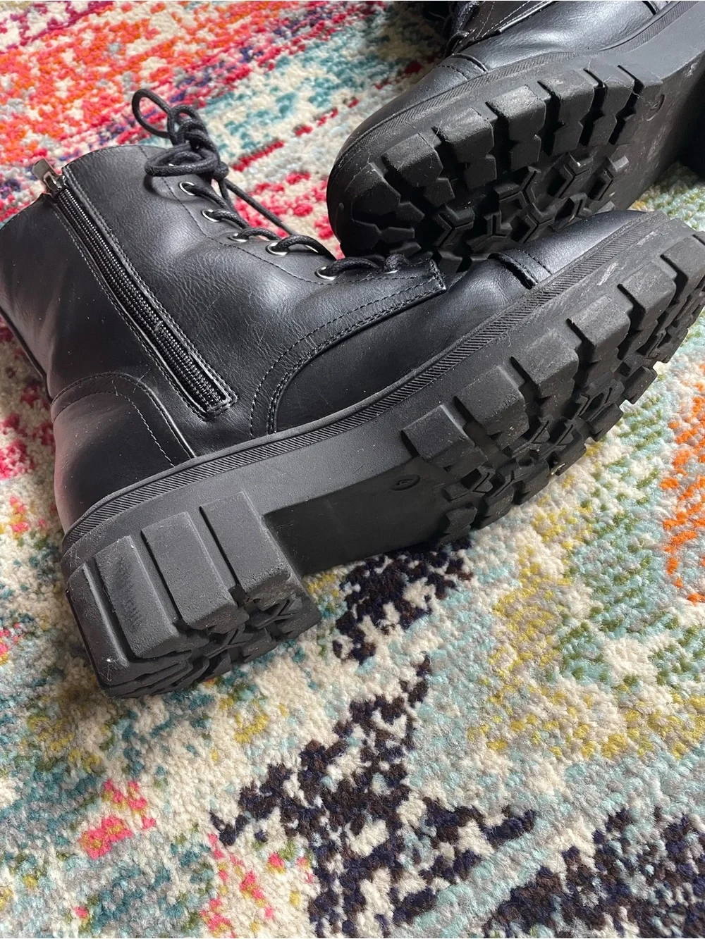 Kids Black Lace-Up Chunky Lug Boots